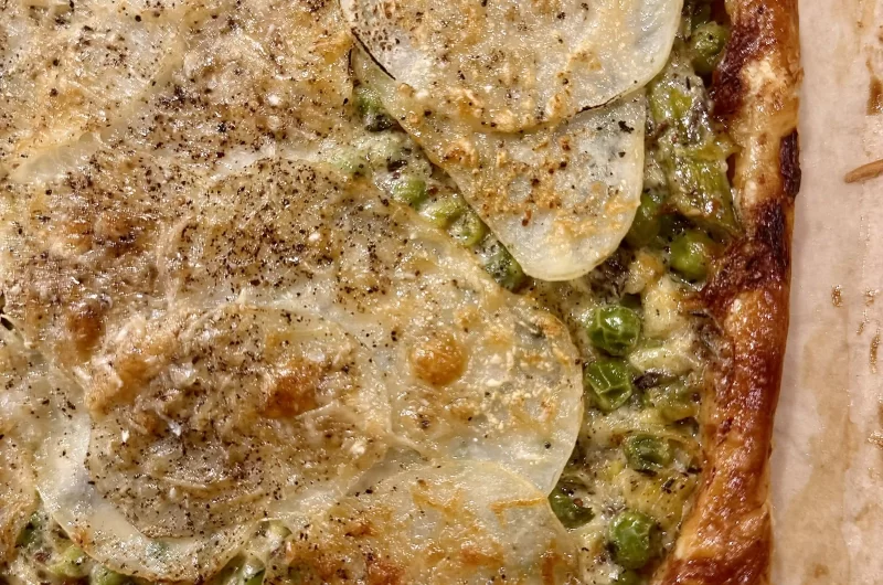 Potato, Leek, Asparagus, and Pea Tart