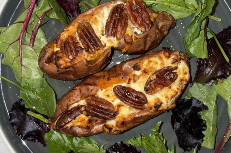 Air Fryer Baked Sweet Potatoes with Goat’s Cheese, Pecans & Hot Honey: A Quick, Healthy Delight