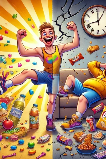 A-cartoon-style-illustration-depicting-the-struggle-of-New-Years-resolutions.-A-split-scene-with-exaggerated-playful-proportions_-on-one-side